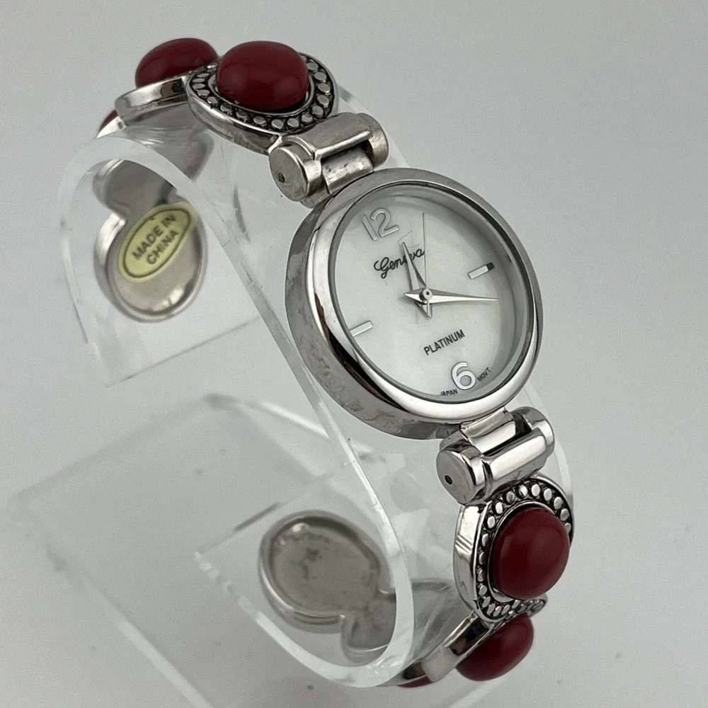 Geneva Platinum Watch Women 28mm Case‎ MOP Dial Bangle Red Accents- New Battery